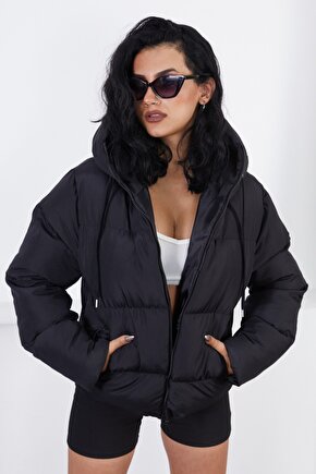 Kadın Kapüşonlu Şişme Mont - Yakası Bağcıklı