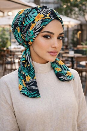 Yeşil Çiçek Desen Büzgülü Eşarp Bone