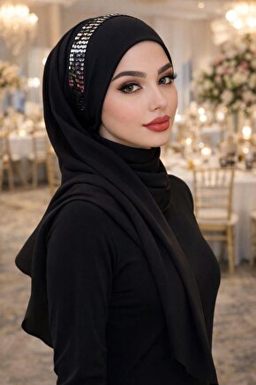 Siyah Gümüş Payetli Bandana Abiye Şal
