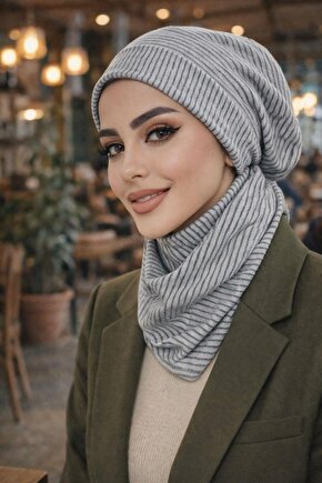 Gri Çizgi Tesettür Bere Bone ve Çıtçıtlı Etol Takım