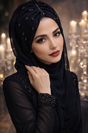 Siyah Taş Detaylı Abiye Şal