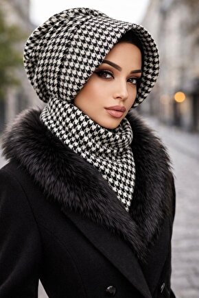 Siyah Kazayağı Kaşe Şapkalı Bone Ve Etol Takım