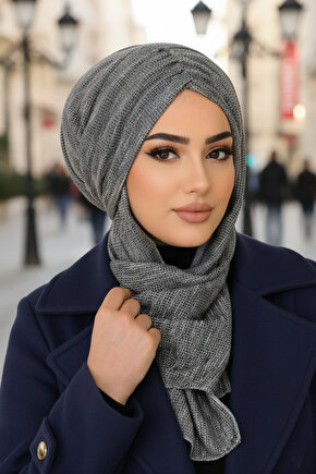 Gri Desen Kelebek Model Büzgülü Bone Şal