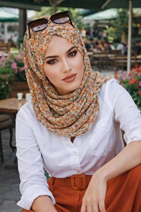 Vizon Bej Çiçek Desenli Hazır Şifon Şal