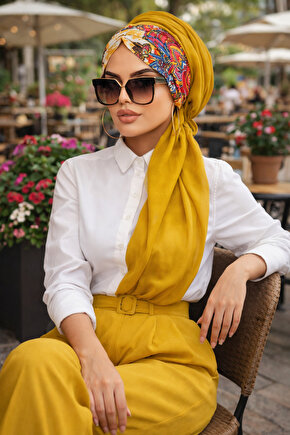 Hardal Etnik Desen Büzgülü Hazır Şal