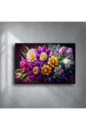 Çok Renkli Bahar Çiçekleri Cam Tablo