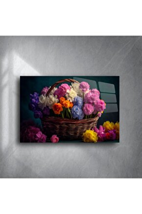 Dekoratif Renkli Çiçek Sepeti Cam Tablo