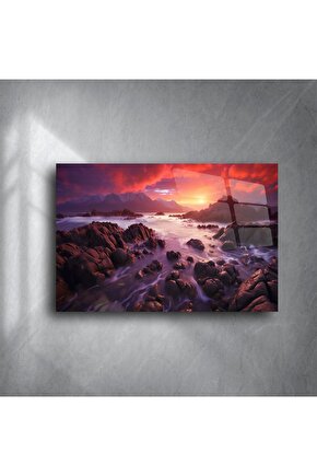Kızıl Gün Batımı Manzaralı Cam Tablo