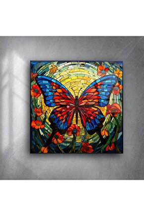 Cam Tablo Kelebek Desenli Renkli Sanat