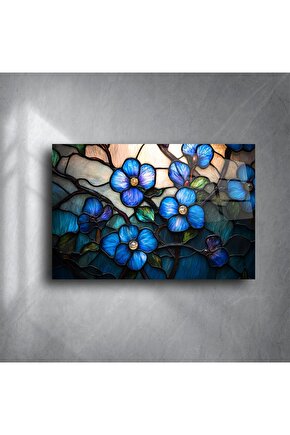 Mavi Çiçekli Vitray Cam Tablo