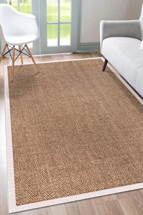 0503-Krem Kumaş Bordür Sisal Halı Kilim Hav Toz Vermez Kolay Temizlenen Hasır Kilim