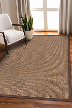 0465-Kahverengi Kumaş Bordür Sisal Jut Halı Kilim Hav Toz Vermez Kolay Temizlenen Hasır Kilim