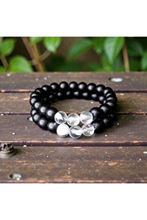 Oniks & Beyaz Çek Kristali (termal Kuvars) Doğaltaş Sevgili Bilekliği