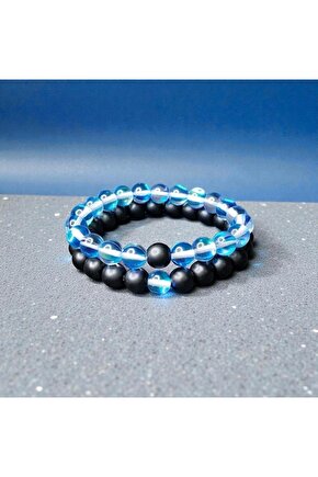 Oniks & Mavi Çek Kristali (termal Kuvars) Doğaltaş Sevgili Bilekliği