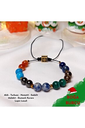 Boğa Burcu Ayarlanabilir Bileklik Akik, Turkuaz, Hematit,