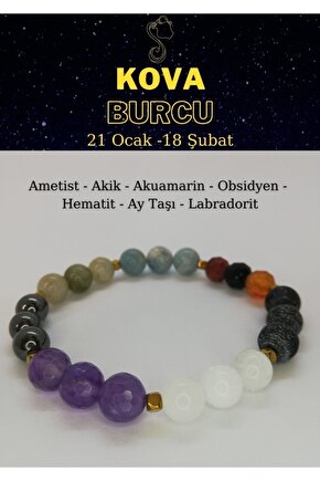 Kova Burcu Bilekliği Ametist, Labradorit, Obsidyen, Hematit, Akik, Akuamarin, Aytaşı