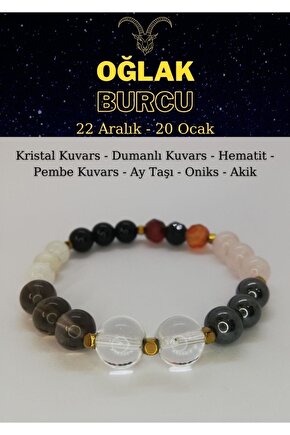 Oğlak Burcu Bilekliği Kristal Kuvars, Pembe Kuvars, Granatlal, Hematit, Dumanlı Kuvars, Oniks,aytaşı