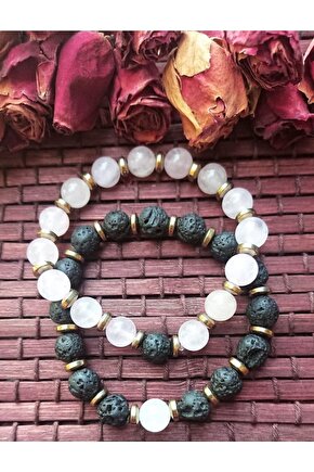 Sevgili Bilekliği Hematit Pembe Kuvars & Lav Taşı Bileklik