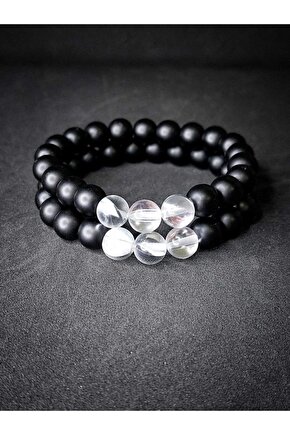 Oniks & Beyaz Çek Kristali (termal Kuvars) Doğaltaş Sevgili Bilekliği