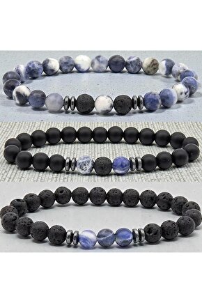 Sodalit , Oniks , Lav Doğal Taş Bileklik Seti ( Mantıksal Düşünme Ve Problem Çözme ) 8Mm