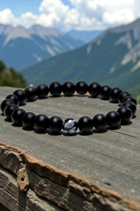 Unisex Siyah Mat Oniks Obsidyen Bileklik