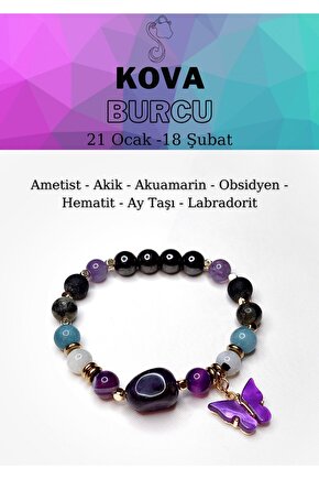 Kova Burcu Kadın BileklikAmetist-Akik-Akuamarin-Obsidyen-Hematit-Aytaşı-Labradorit