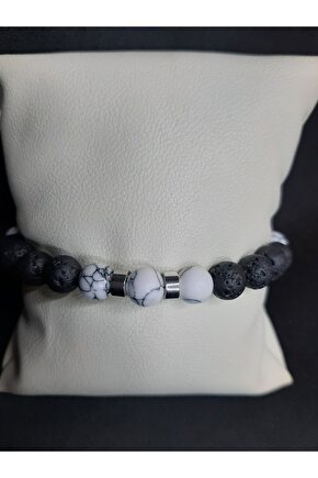 Siyah Lav Taşı ve Geanit Görünümlü Gri Taşlı Bileklik Tarz Tasarım