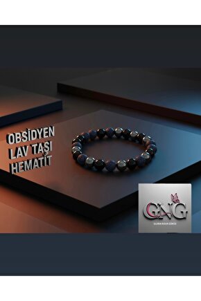 GNG SİLVER OBSİDYEN,Lavtaşı,hematit 8mm erkek bileklik strese karşı faydalı