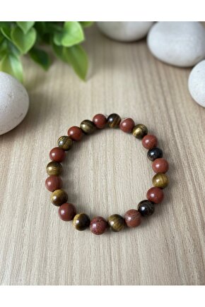 Doğal Jasper & Kaplangözü Taşlı Erkek Bileklik-Enerji ve Güç Kombini 7 mm taş