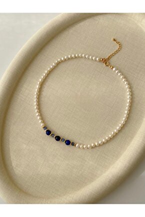 Sertifikalı Gerçek İnci Ve Lapis Lazuli Tasarım Kolye 45 Cm