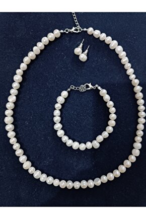 Gerçek İnci Kolye Küpe Bileklik Seti