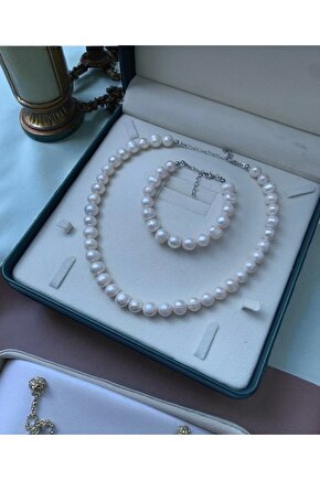 925 Ayar Gümüş Doğal 10mm Inci Kolye Bileklik Set Gelin Düğün Nişan Set