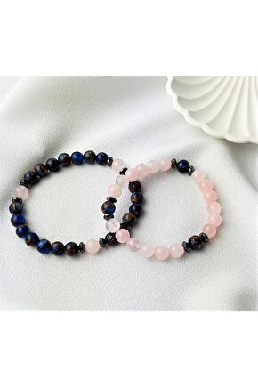 Çift Bilekliği, Sevgili , Eş Doğal Taş Bileklik Hediyelik Ürün Murano Kuvars ,pembe Kuvars Hematit