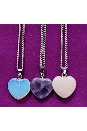 Kalp Doğal Taş Ametist-pembe Kuvars-Ay Taşı 3lü Kolye Kombin Set