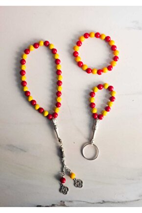 Sarı-Kırmızı 3lü Set Tesbih, Bileklik ve Anahtarlık