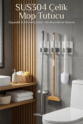 Paslanmaz Çelik Yapışkanlı Mop Tutucu | Klipsli Paspas Tutucu | Banyo Mutfak Temizlik Organizer