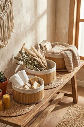 Yuvarlak Astarlı 3lü Bambu Sepet - Çok Amaçlı Meyve Sepeti Oyuncak Sepeti Organizer