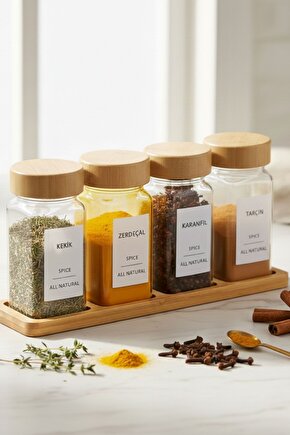 Standlı 5 Parça Bambu Kapaklı 4lü Cam Baharatlık 120 Ml Tuzluk Biberlik