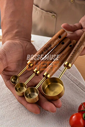 4 Adet Büyük Boy Paslanmaz Çelik Ahşap Saplı Ölçü Kaşığı Seti Ölçü Kabı Hediyeli