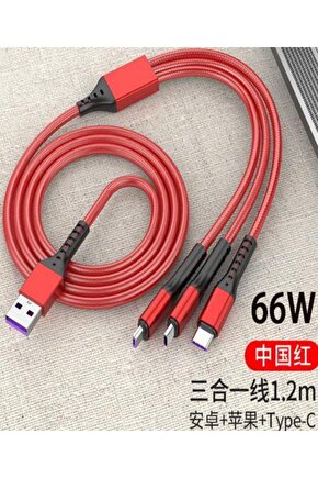 Pm-26336 3ın1 Kırmızı 1.2 Metre (MICRO USB - LIGHTNING - TYPE C) Telefon Şarj Kablosu