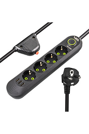 Vea Va-21559 4lü 1.5 Metre Kablolu 3 Usbli Siyah Akım Korumalı Priz