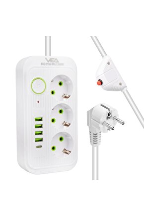 Vea Va-21566 3lü 1.5 Metre Kablolu 4 Usbli+ Type-c Beyaz Akım Korumalı Priz