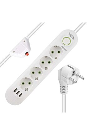 Vea Va-21560 4Lü 3 UsbLi 1.5 Metre Akım Korumalı Priz Beyaz