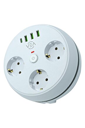 VE-26583 3LÜ 1.5 Metre Kablolu 3 USB  TYPE-C Girişli Akım Korumalı Grup Priz