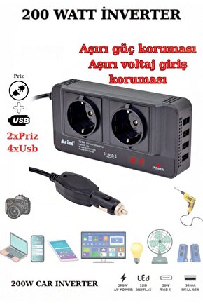 Oto Power Inverter 12V 200W – Çakmak Girişli, 4 USB Çıkışlı Dönüştürücü Adaptör