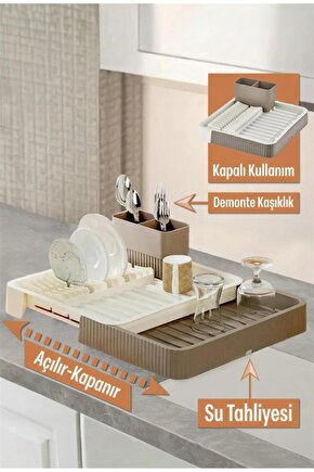 Kahverengi Sürgülü Bulaşıklık – Ayarlanabilir Paslanmaz Plastik Bulaşık Süzeği ve Kurutmalık