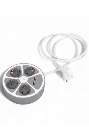4’lü 2 USB’li Grup Priz – Anahtarlı, 1.5 Metre Kablo, Topraklı Çoklu Priz