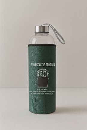 Cam Matara 750 ml Kaktüs Desenli Yeşil Kumaş Kılıflı Su Şişesi
