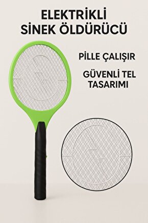 Pilli Elektrikli Sinek Öldürücü Raket – Güvenli Tel Tasarımı-YEŞİL RENK