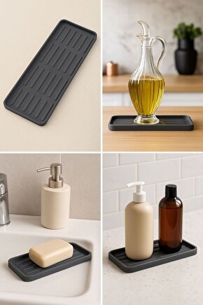 Gri Silikon Çok Amaçlı Tepsi Altlık – Yağdanlık, Sabunluk ve Organizer Stand 26x10 cm
